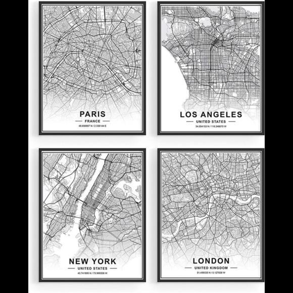 Black White City Wall Art Paris New York City London Los Angeles Set of 4 Prints - Picture 1 of 5